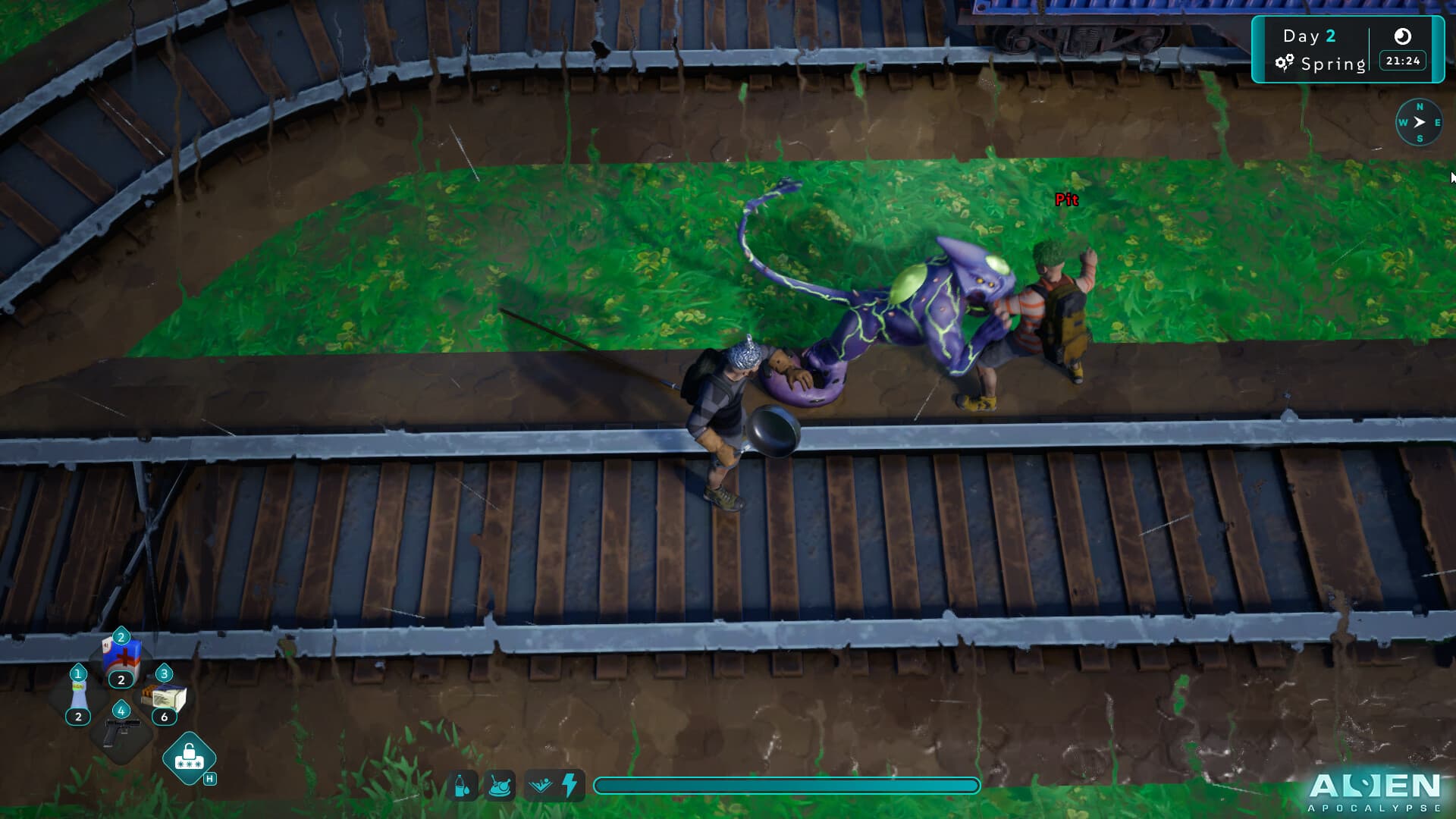 Two survivors fight a purple alien creature on rail tracks at night