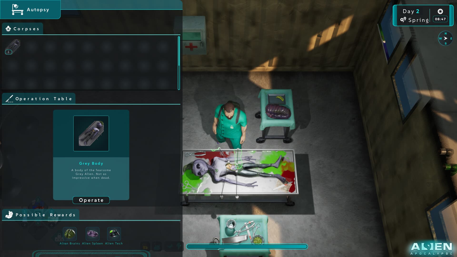 Autopsy interface showing a Grey alien on an operation table