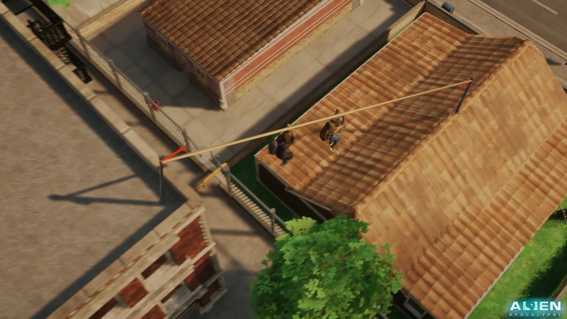 Two survivors cross tiled rooftops on a zipline