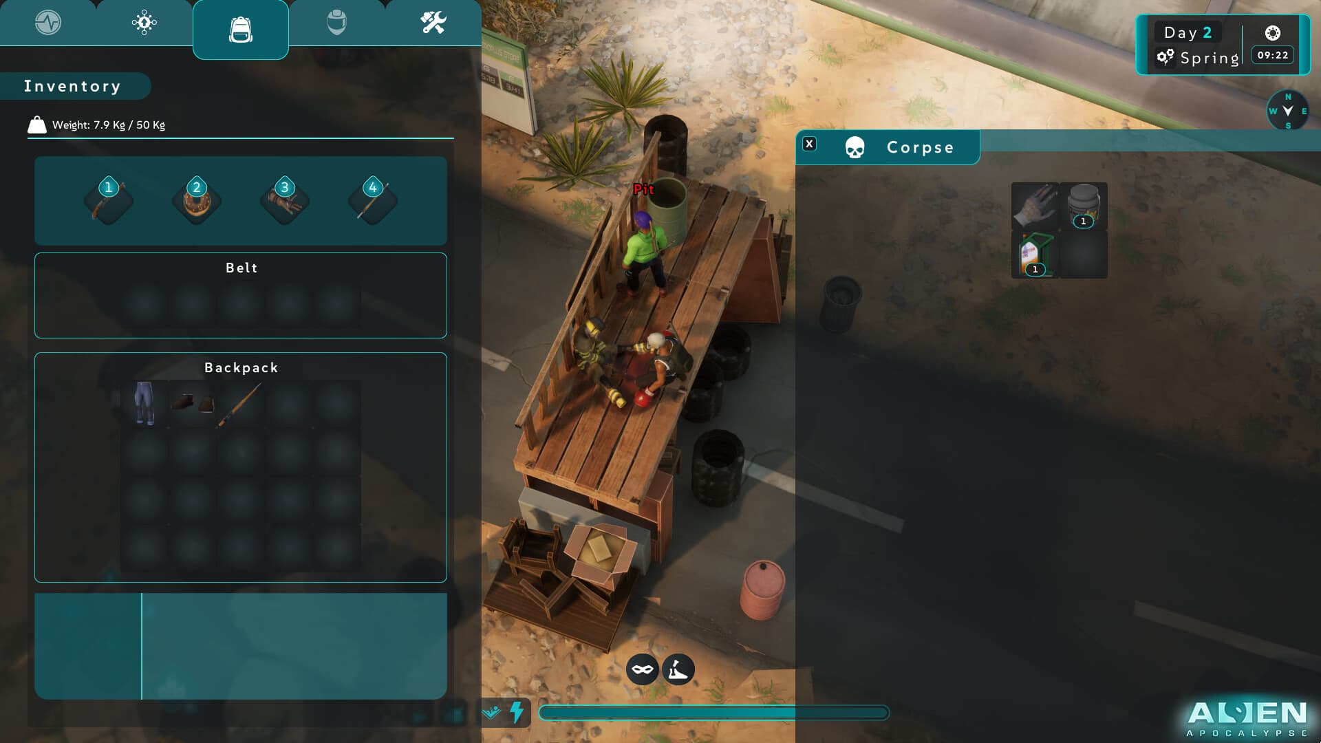 Inventory and corpse-looting interface in an industrial yard