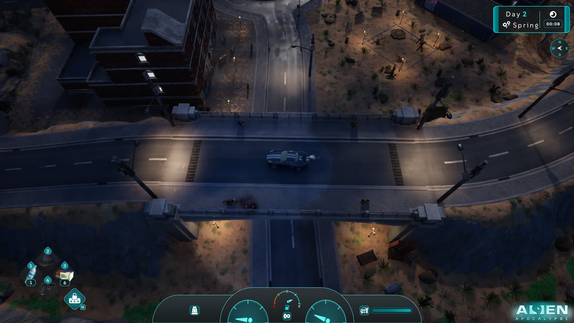 A survivor drives a car across a bridge at night