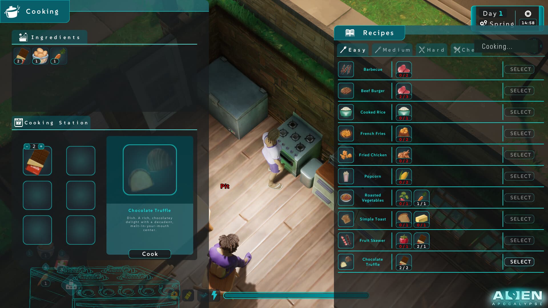 Cooking interface with a recipe list and two survivors beside a stove