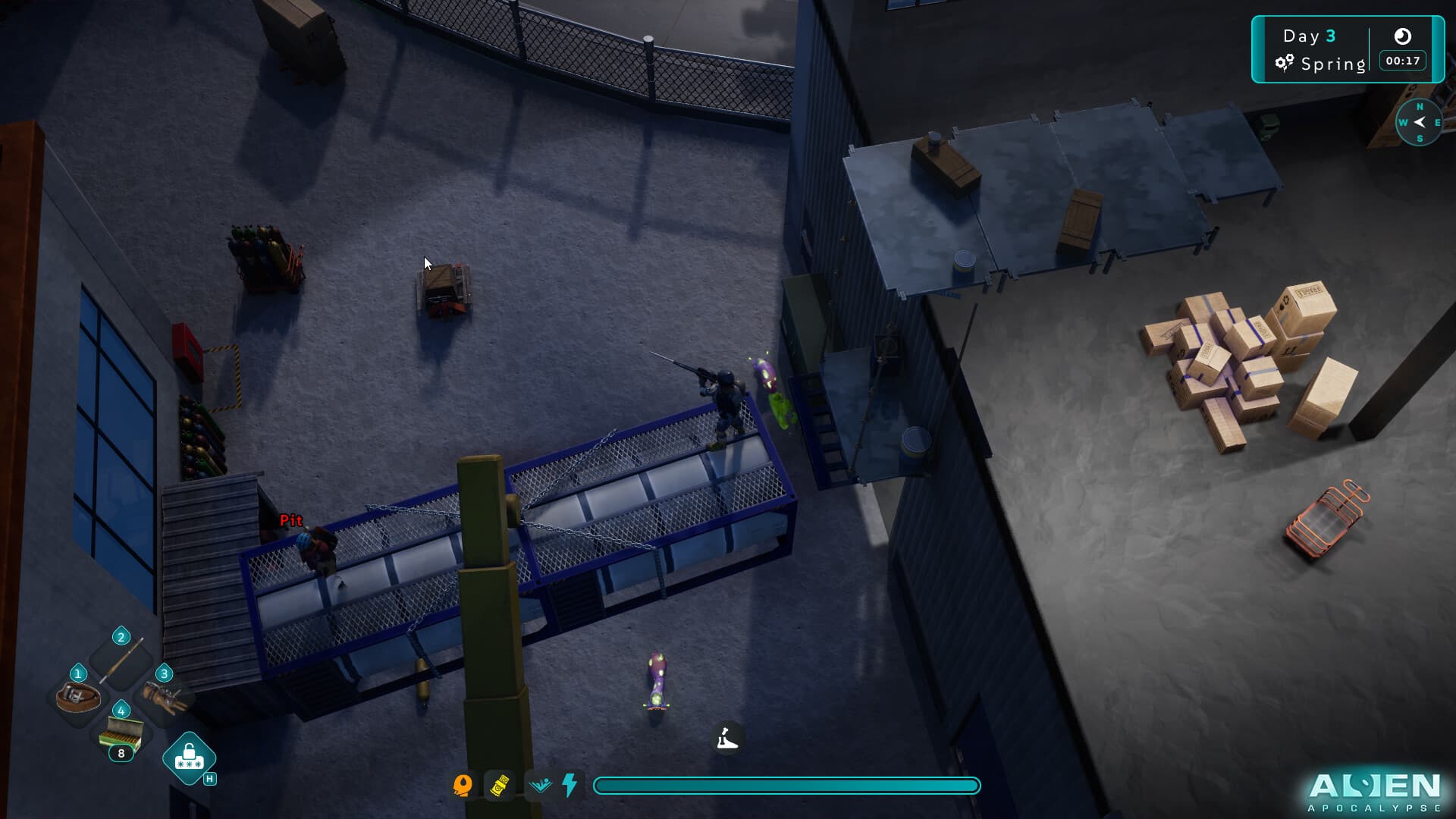 Survivors fight small alien creatures at an industrial loading area at night