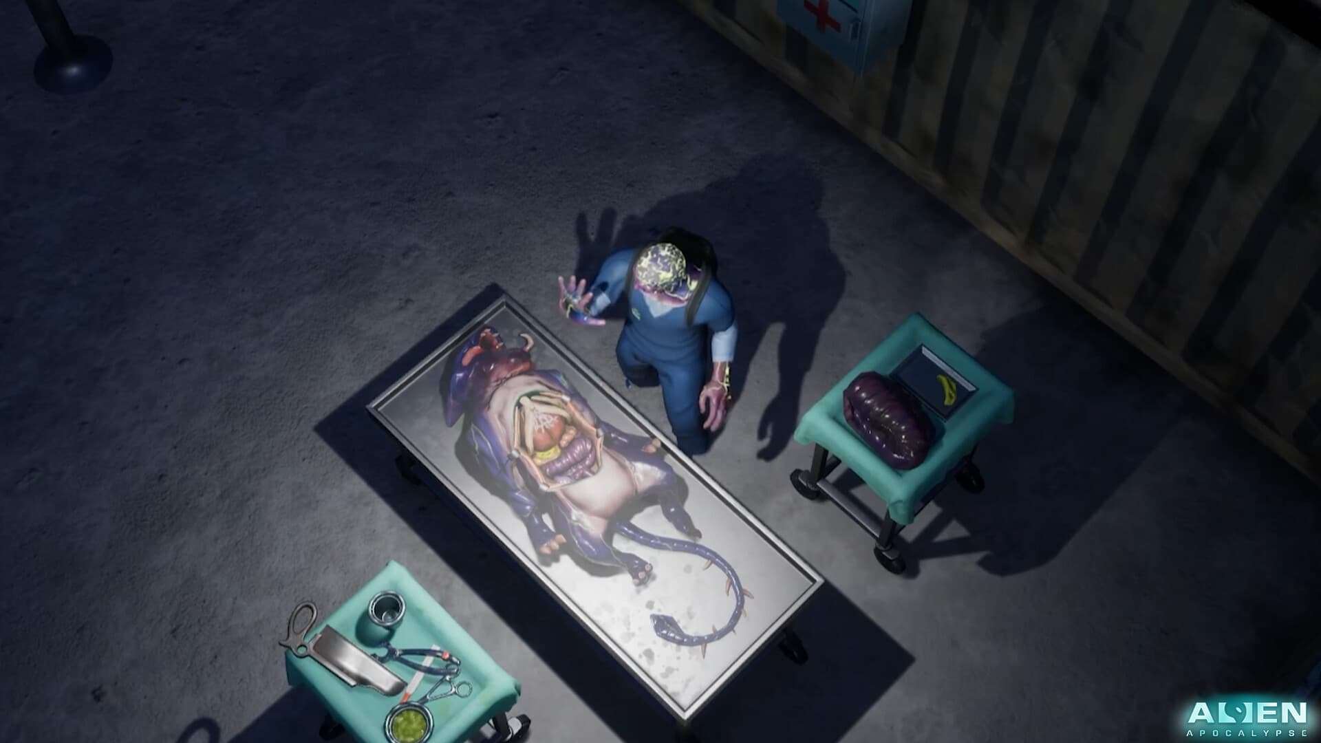 A survivor conducts an alien autopsy beside a specimen table
